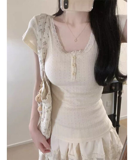 자카드 원단 달콤함 레이스 레이스 패치워크 디자인 센스 티셔츠