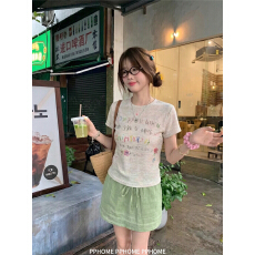 批发原版面料杏色印花短袖T恤微透上衣松紧腰格子短裙夏季穿搭两件套