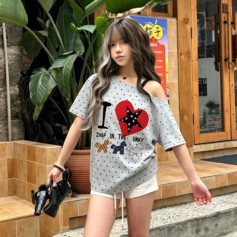 여름 새로운 한 부서 도트 무늬 비스듬한 칼라 오프숄더 프린트 섹션 반팔 티셔츠