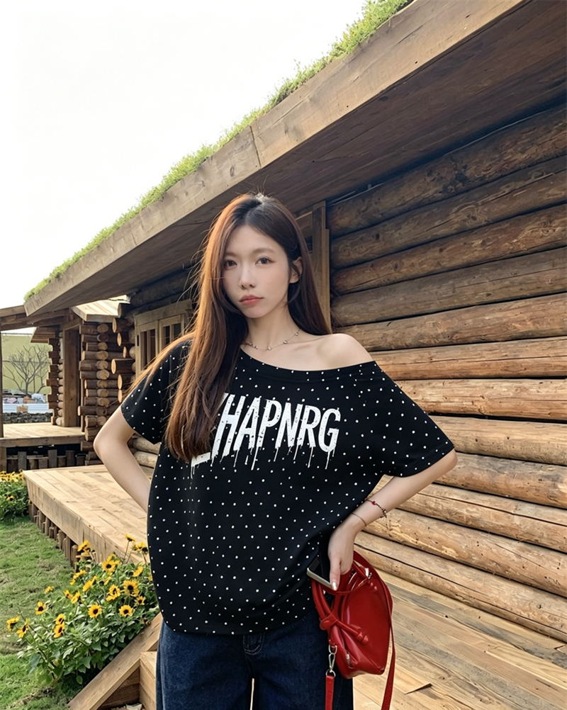 여름 새로운 한 부서 도트 무늬 비스듬한 칼라 오프숄더 프린트 섹션 반팔 티셔츠
