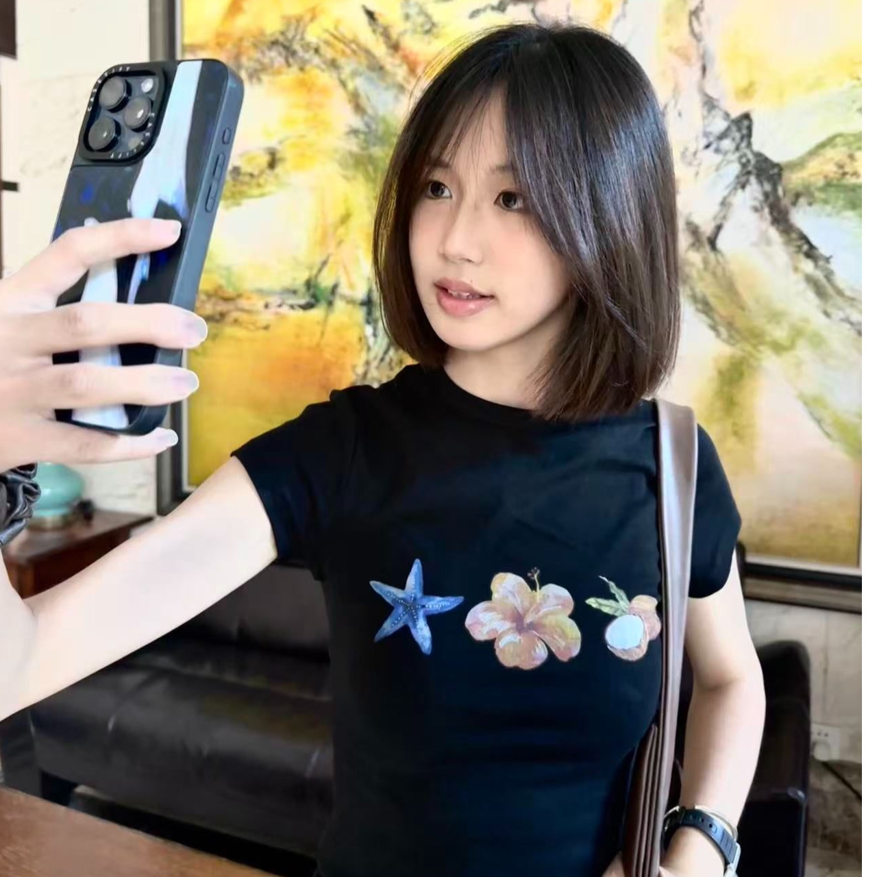 아메리칸 레트로 긍정적 인 어깨 라운드 넥 프린트 반팔 티셔츠
