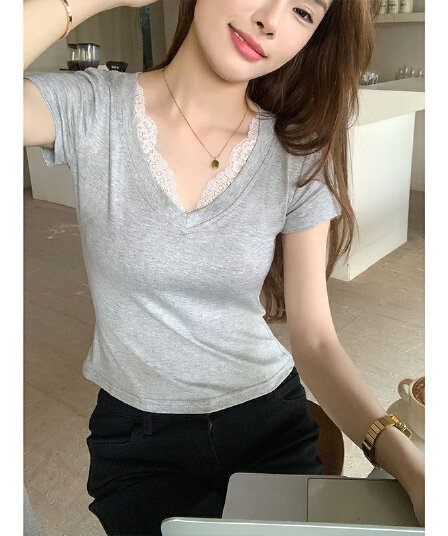 2026 레이스 레이스 V넥 반팔 티셔츠 여성 여름 새로운 몸매 가꾸기