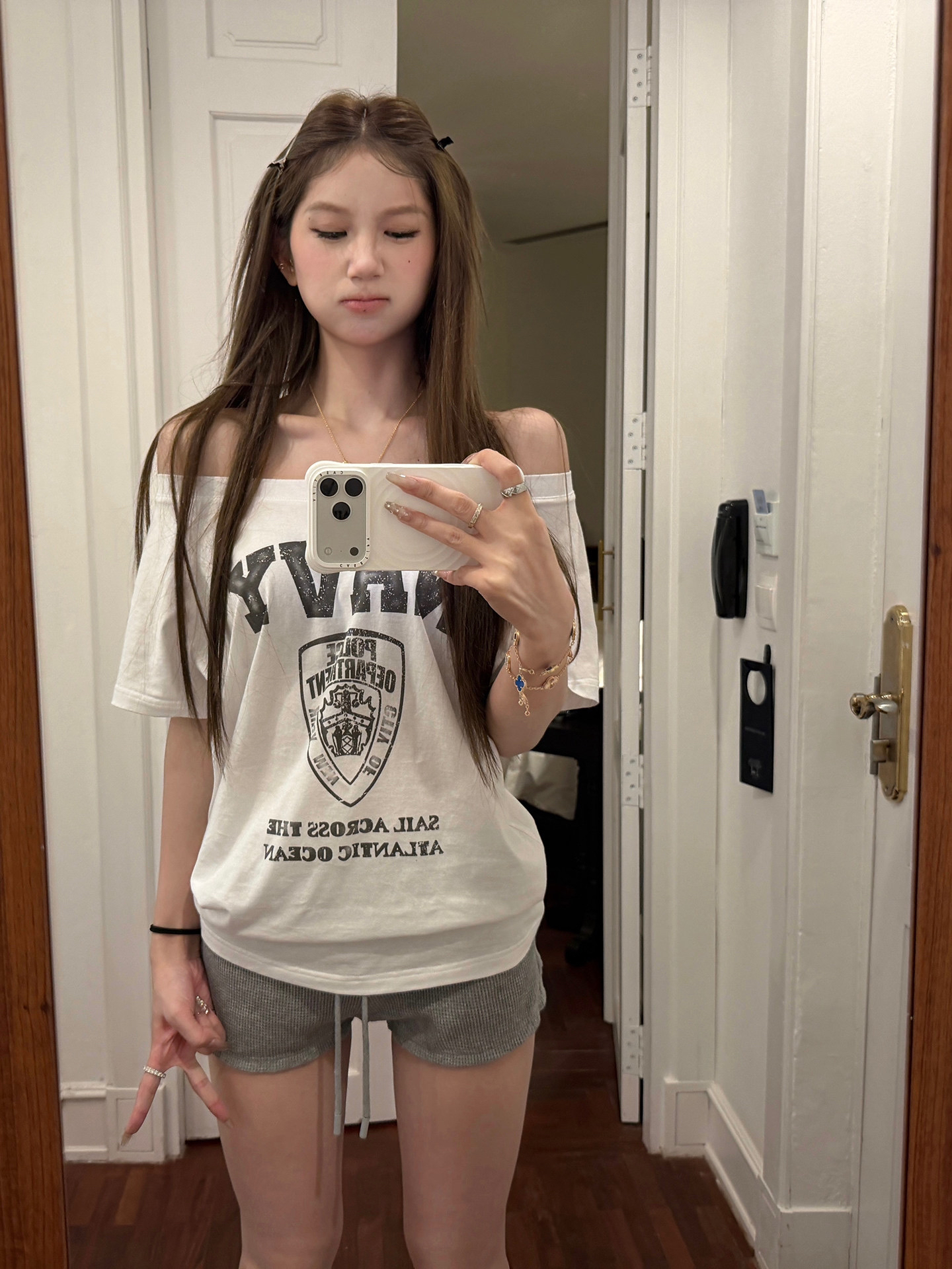 더블 실 순면 디자인 센스 레트로 비스듬한 어깨 프린트 반팔 티셔츠 여성 루즈핏 슬림해 보이는 여름 달콤한 핫걸