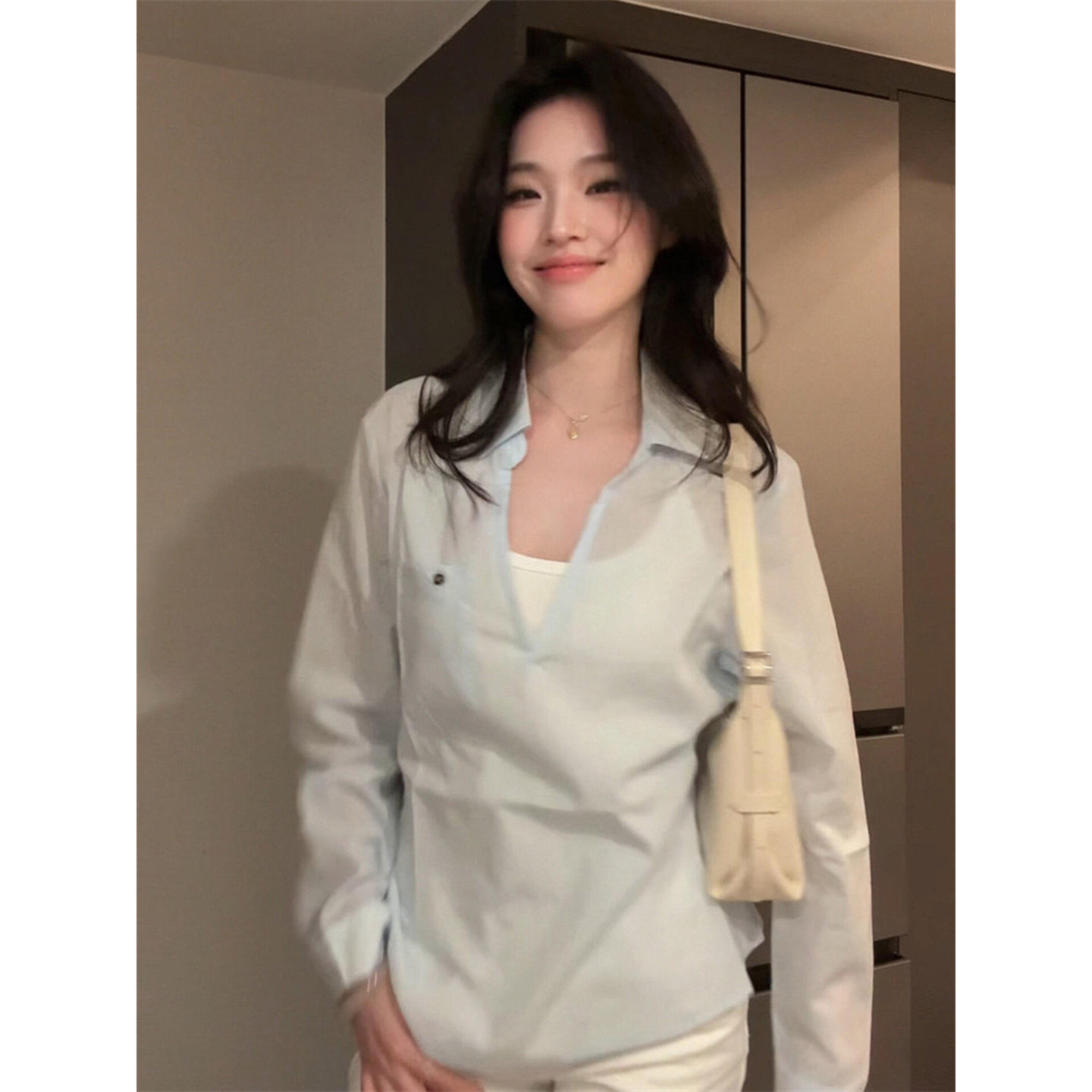 모방 주간 실크 목화 패브릭 V넥 파란색 마이크로 ~을 통해 자외선 차단 블라우스 여성 여름 몸매 가꾸기 에어컨 셔츠