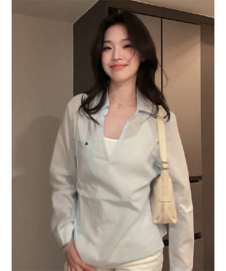 모방 주간 실크 목화 패브릭 V넥 파란색 마이크로 ~을 통해 자외선 차단 블라우스 여성 여름 몸매 가꾸기 에어컨 셔츠