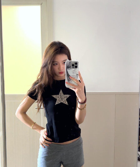 아메리칸 레트로 긍정적 인 어깨 라운드 넥 프린트 반팔 티셔츠