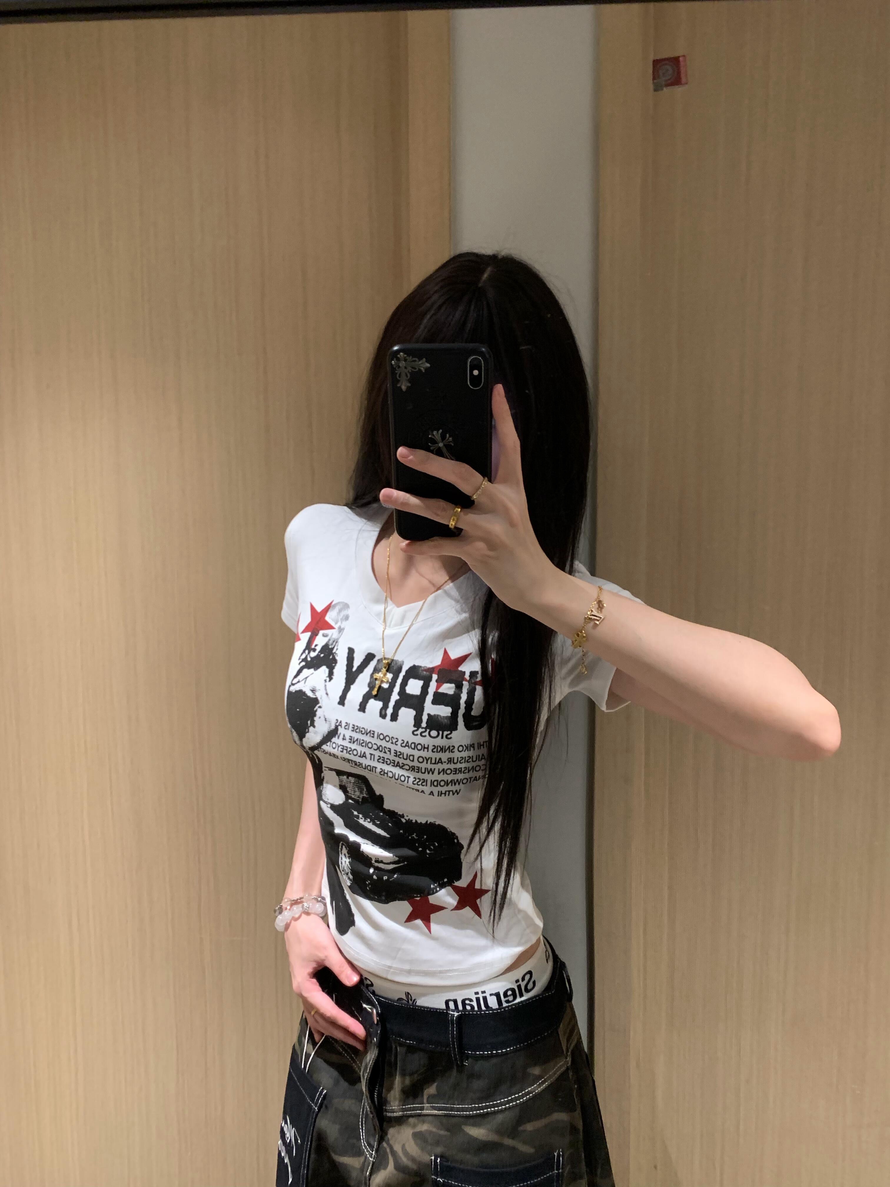 아메리칸 레트로 긍정적 인 어깨 라운드 넥 프린트 반팔 티셔츠