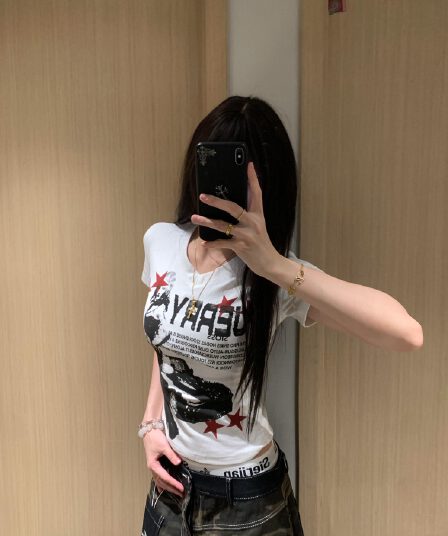 아메리칸 레트로 긍정적 인 어깨 라운드 넥 프린트 반팔 티셔츠