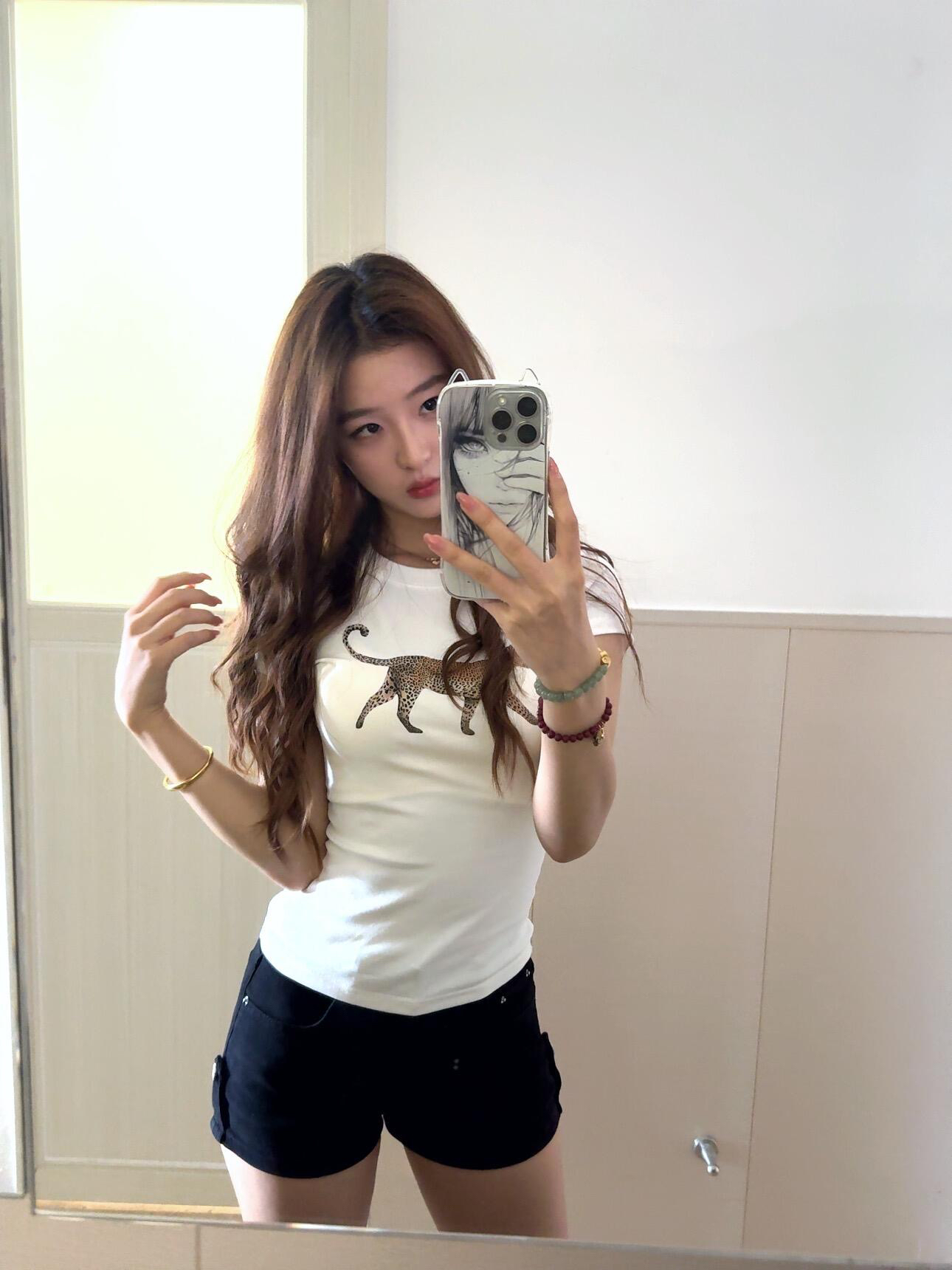 아메리칸 레트로 긍정적 인 어깨 라운드 넥 프린트 반팔 티셔츠