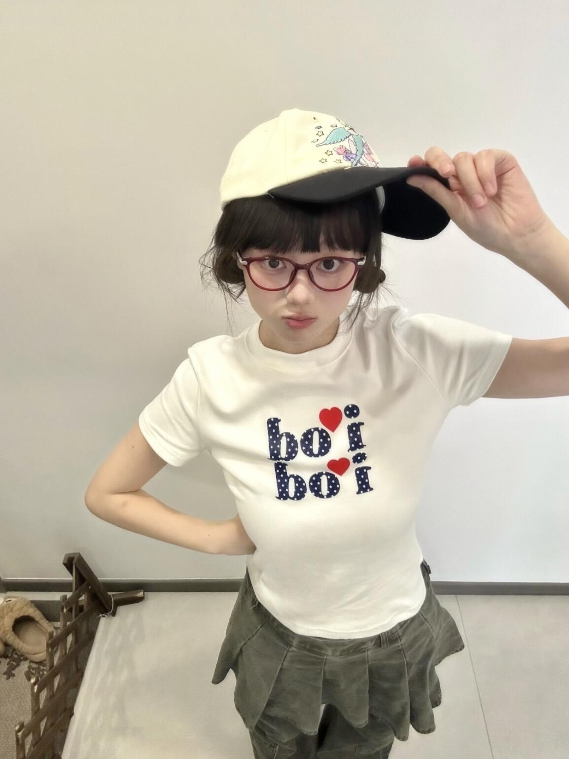 아메리칸 레트로 긍정적 인 어깨 라운드 넥 프린트 반팔 티셔츠
