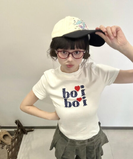 아메리칸 레트로 긍정적 인 어깨 라운드 넥 프린트 반팔 티셔츠