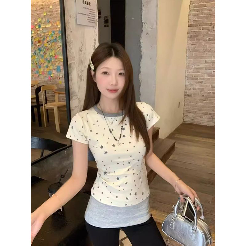 40 220 그램 92 면 8 암모니아 Lun 리브 네클라인 프린트 반팔 몸매 가꾸기 티셔츠 여성