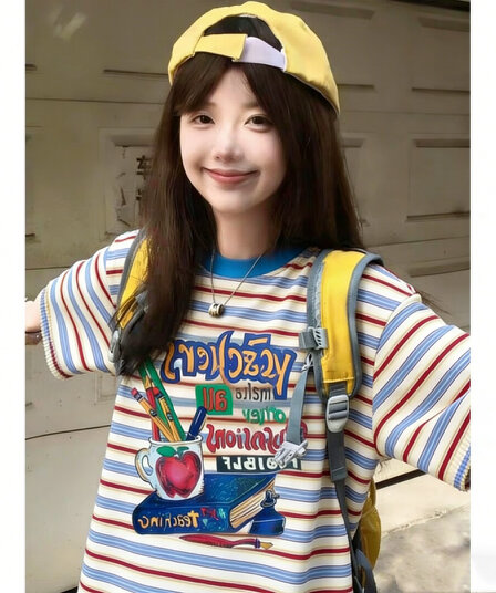 빅 사이즈 300 근 순면 티셔츠 여성 2026 여름 아메리칸 새로운 배색 레이스 스트라이프 다용도 시간