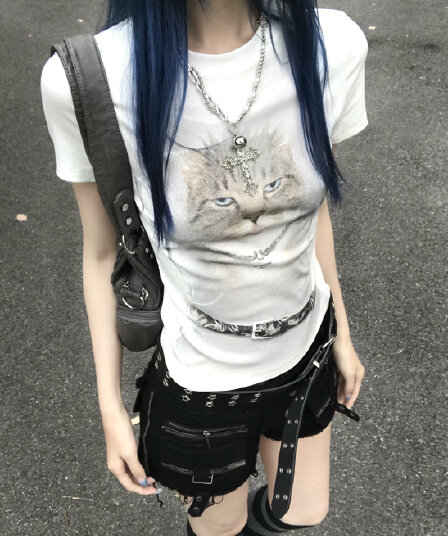 아메리칸 레트로 라운드 넥 긍정적 인 어깨 프린트 반팔 티셔츠