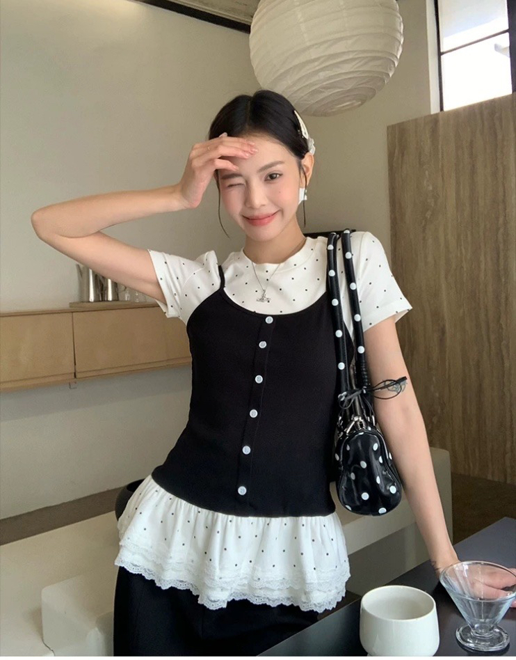 페이크 레이어드 긍정적 인 어깨 반팔 티셔츠 여성 여름 발레 바람 몸매 가꾸기 슬림해 보이는 다용도 아름다운 맨위