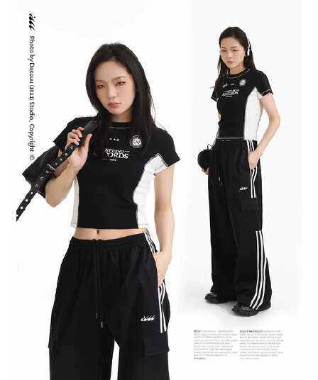 40 순면 92 면 8 암모니아 Lun 210 그램 몸매 가꾸기 슬림해 보이는 반팔 티셔츠 2026 여름 핫걸 배색 쇼트 스타일