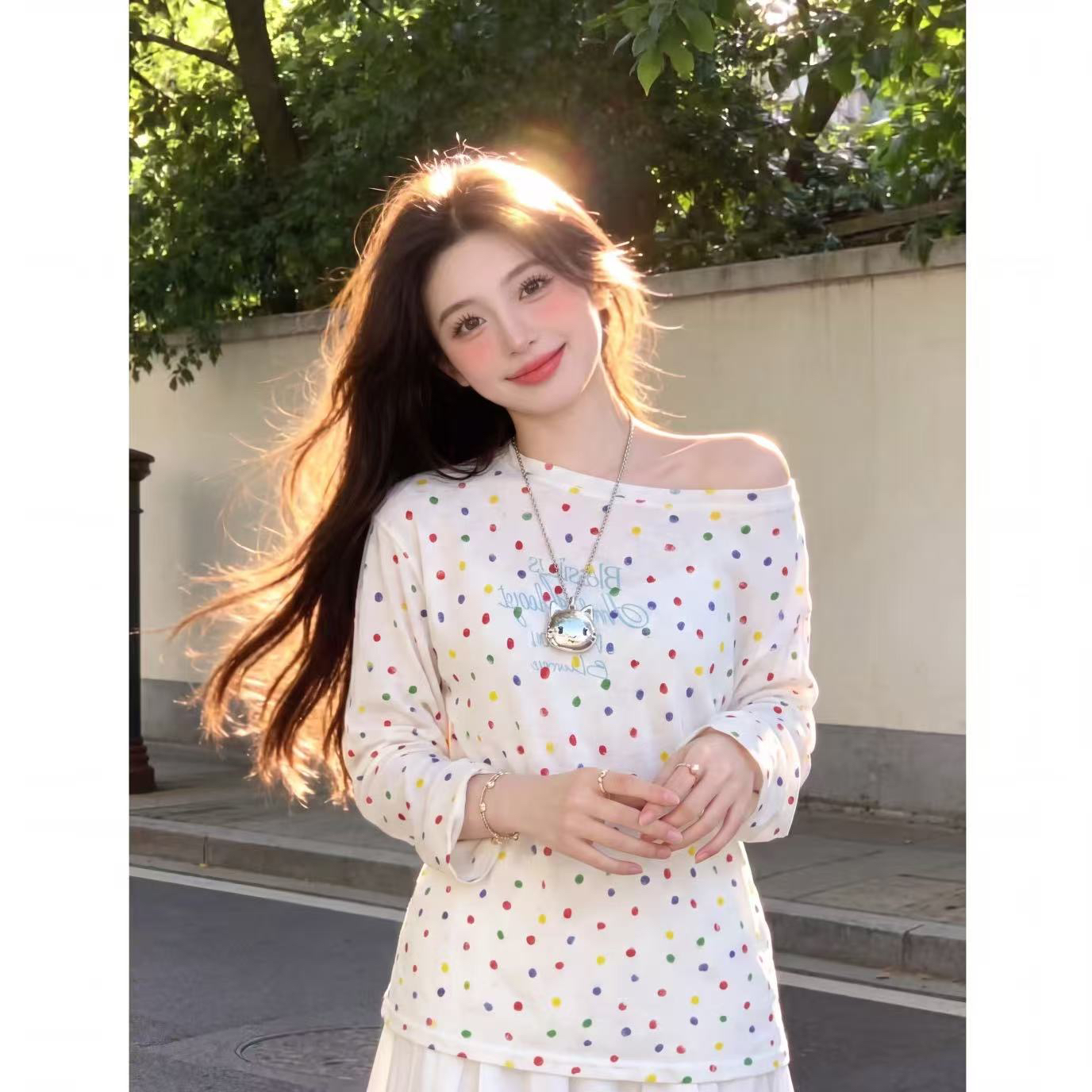 눈꽃 면 160 그램 자외선 차단 의류 색상 도트 무늬 긴팔 블라우스 티셔츠 블라우스 맨위