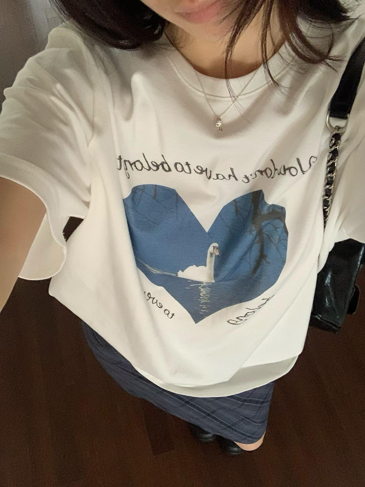 순면 라운드 넥 프린트 반팔 티셔츠