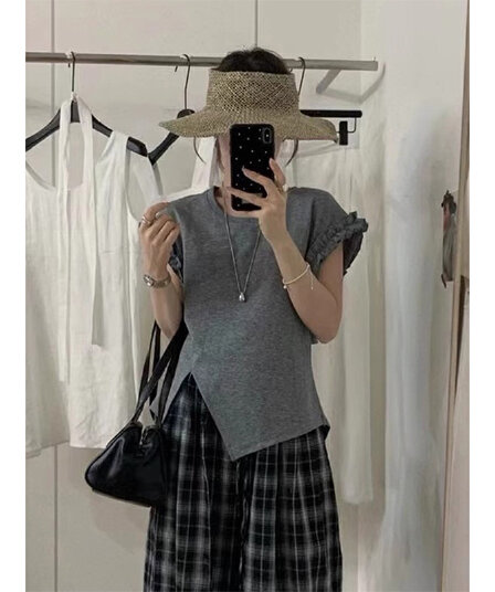 케이블 루오 Na 빅 사이즈 레이스 패치워크 불규칙 반팔 티셔츠 여성 여름 새로운 착용 가져 가라. 디자인 홀로우 아웃 맨위