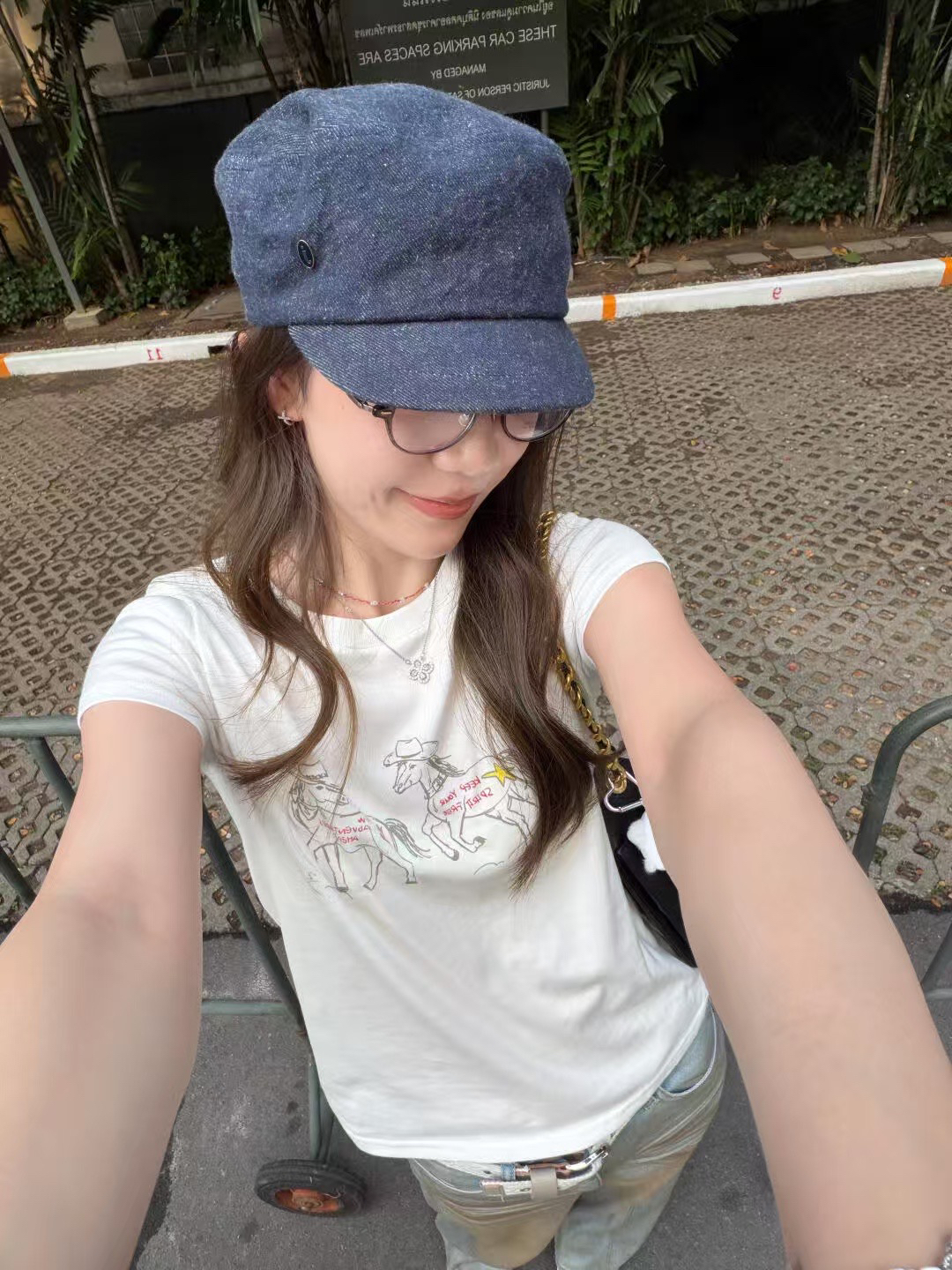 아메리칸 레트로 긍정적 인 어깨 라운드 넥 프린트 반팔 티셔츠