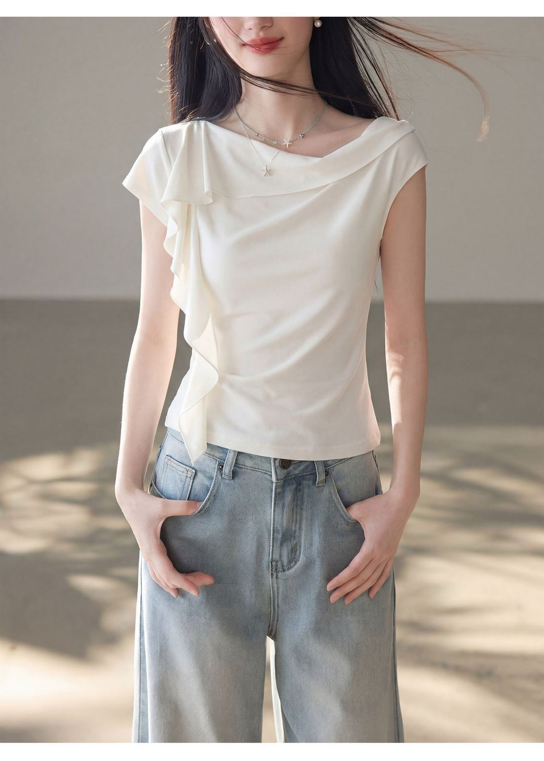 40 92 면 8 암모니아 Lun 디자인 연꽃 잎 반팔 티셔츠 여성 여름 품격 슬림해 보이는 연령 감소 몸매 가꾸기 불규칙 맨위