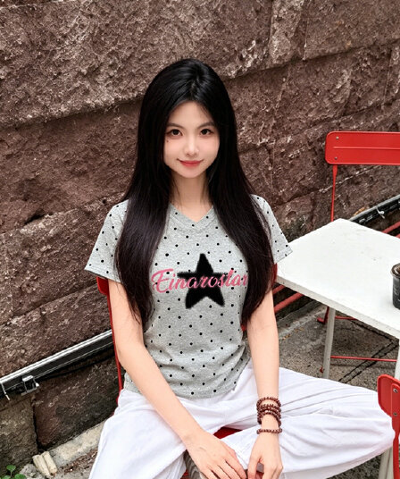 여름 새로운 한 부서 V넥 도트 무늬 패션 긍정적 인 어깨 프린트 섹션 반팔 t