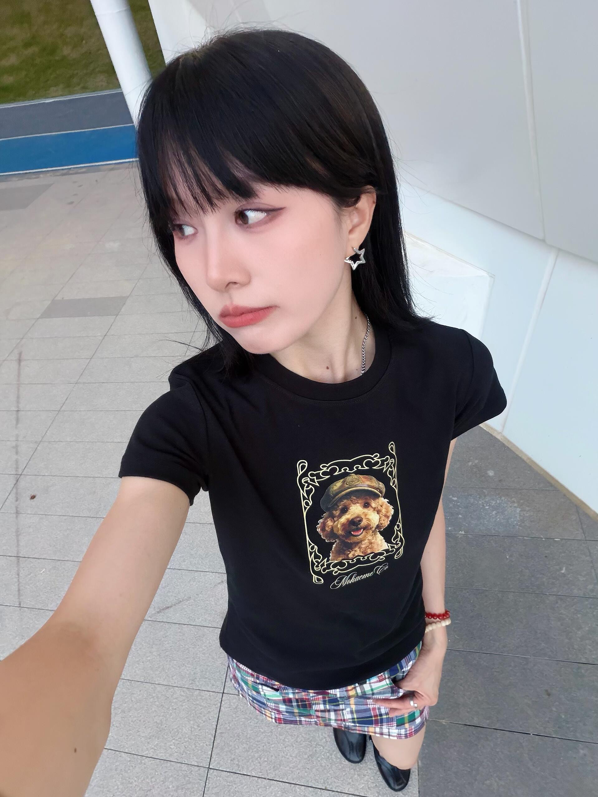 아메리칸 레트로 긍정적 인 어깨 라운드 넥 프린트 반팔 티셔츠