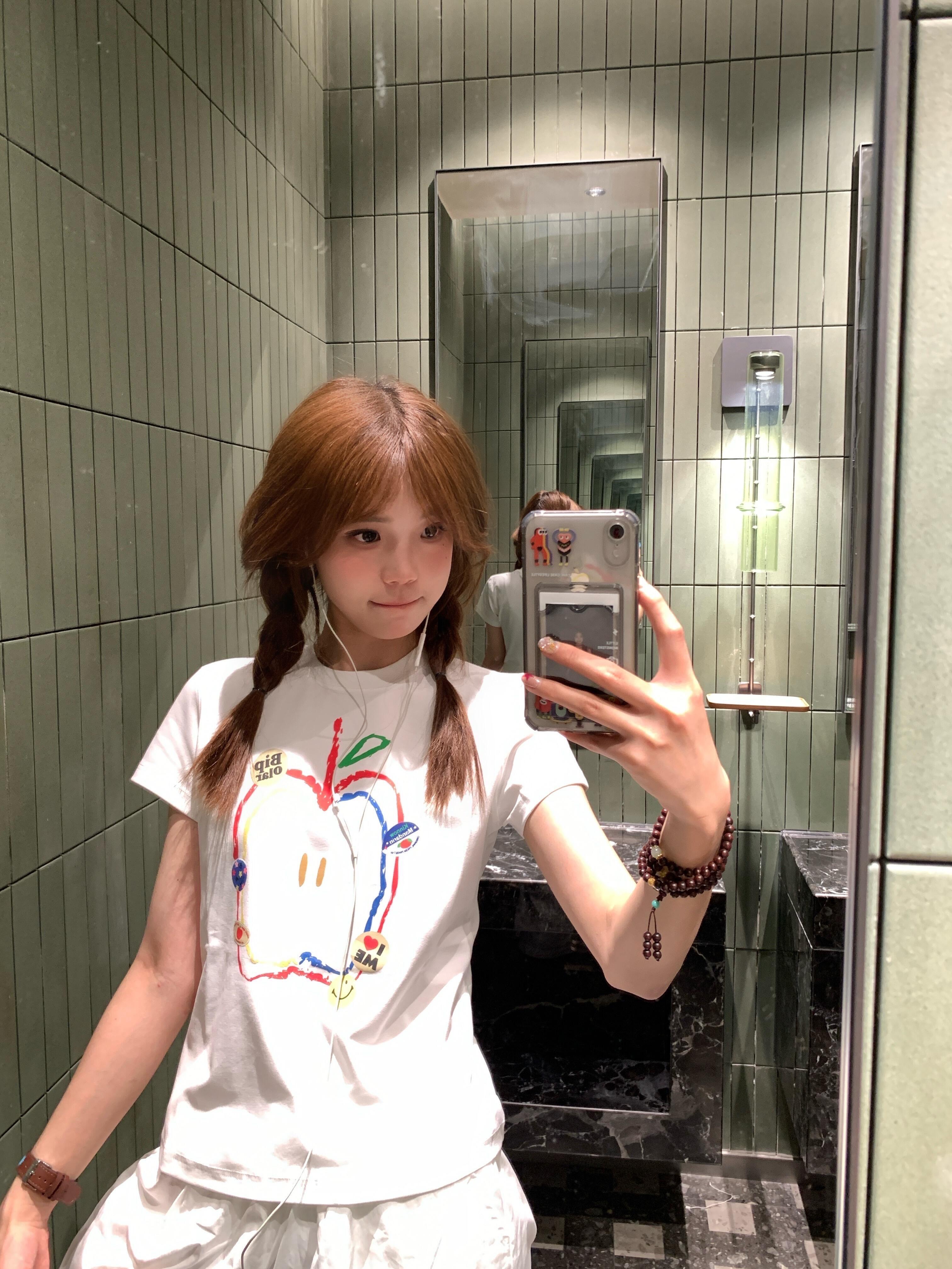 아메리칸 레트로 긍정적 인 어깨 라운드 넥 프린트 반팔 티셔츠