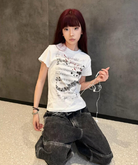 아메리칸 레트로 긍정적 인 어깨 라운드 넥 프린트 반팔 티셔츠