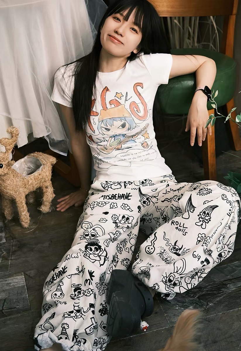 아메리칸 레트로 긍정적 인 어깨 라운드 넥 프린트 반팔 티셔츠