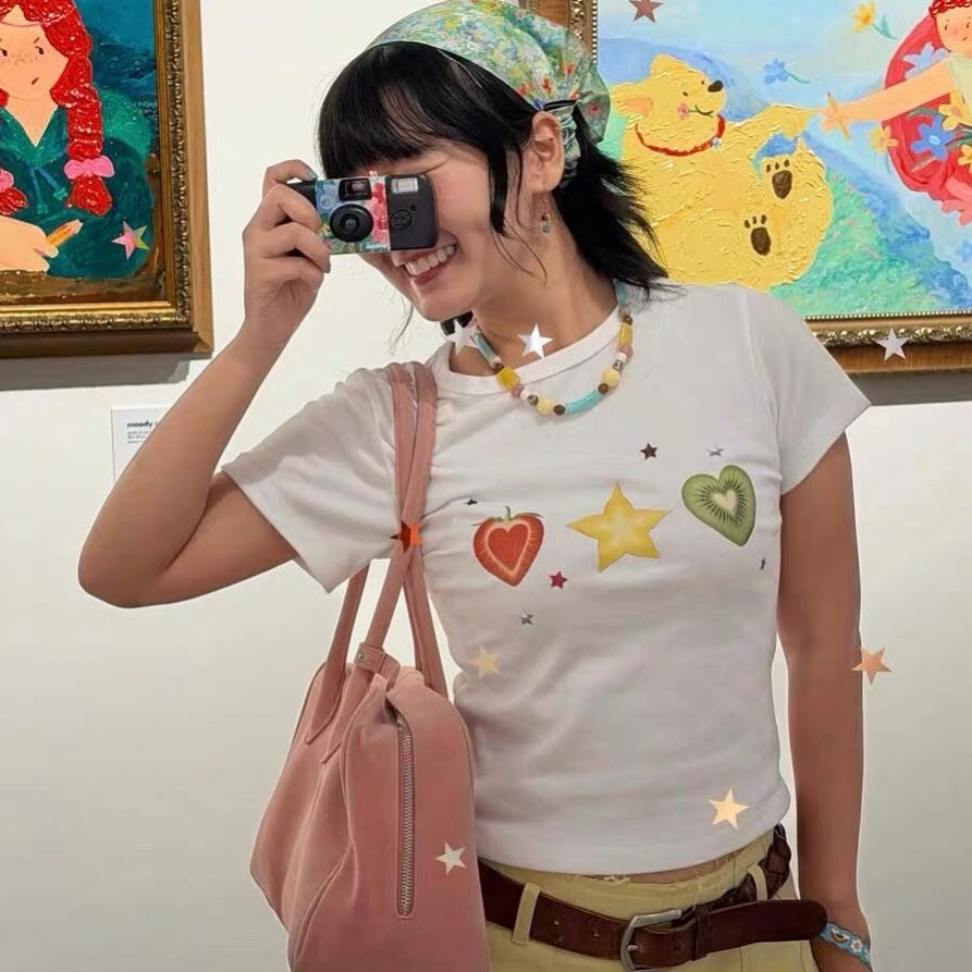 아메리칸 레트로 긍정적 인 어깨 라운드 넥 프린트 반팔 티셔츠