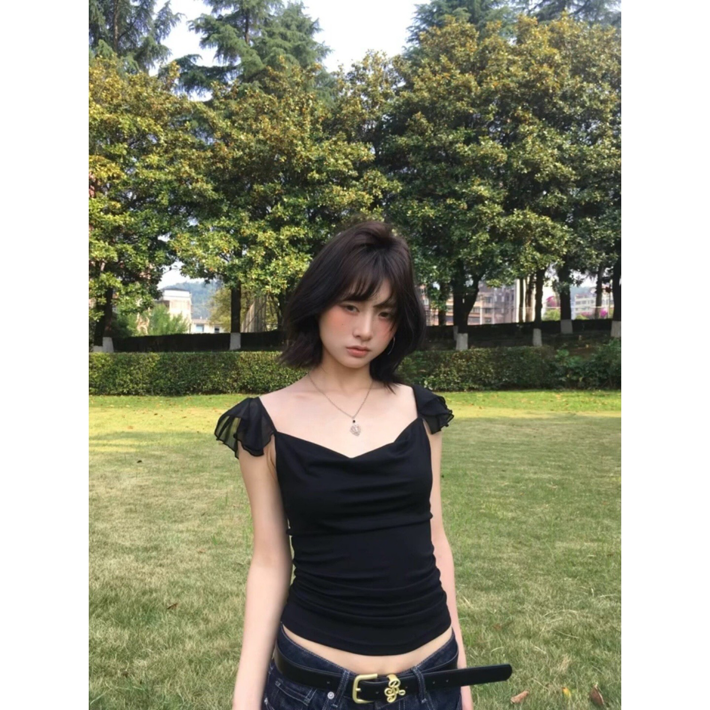 경관 그림 와 사고 방식 모달 260 그램 1 1 여름 핫걸 바람 패션 작은 날다 소매 흔들다 칼라 티셔츠
