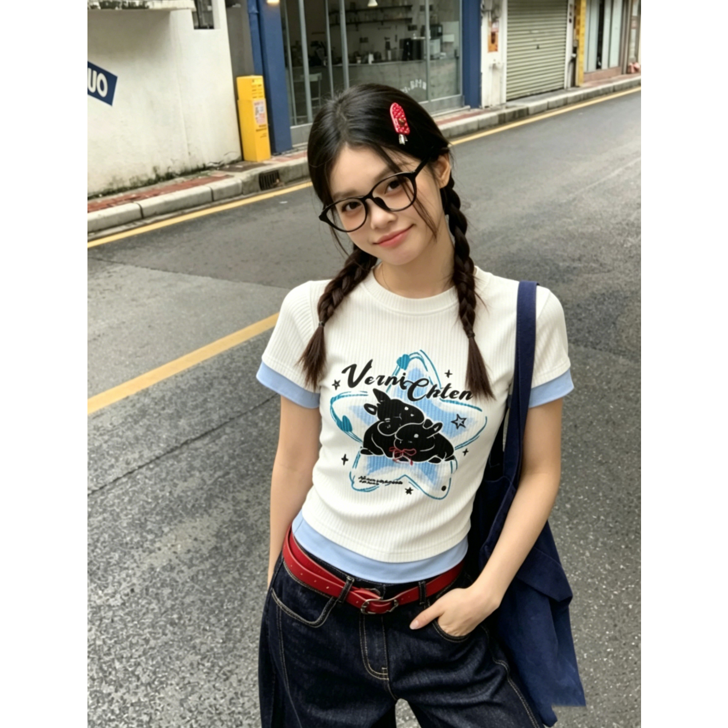 경관 그림 원본 원단 여름 한 부서 달콤한 핫걸 라운드 넥 페이크 레이어드 몸매 가꾸기 슬림해 보이는 반팔 티셔츠