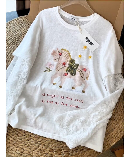 눈꽃 면 한국 스타일 레이스 조각 만화 프린트 긴팔 봄 고유 한 페이크 레이어드 루즈핏 캐주얼 다용도 맨위