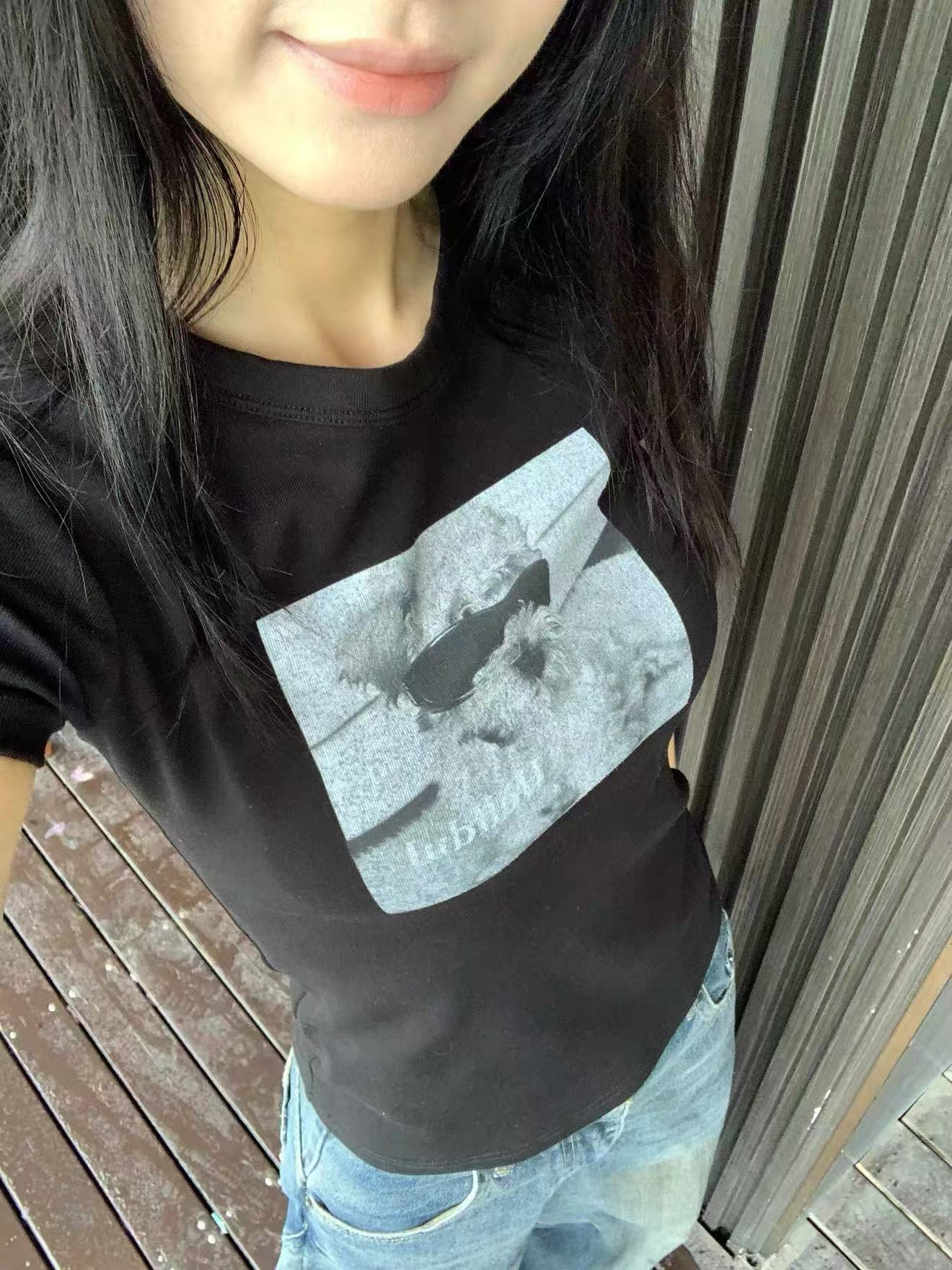 아메리칸 레트로 긍정적 인 어깨 라운드 넥 프린트 반팔 티셔츠