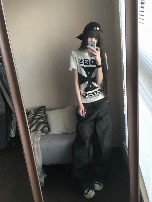 아메리칸 레트로 긍정적 인 어깨 라운드 넥 프린트 반팔 티셔츠