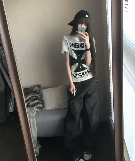 아메리칸 레트로 긍정적 인 어깨 라운드 넥 프린트 반팔 티셔츠