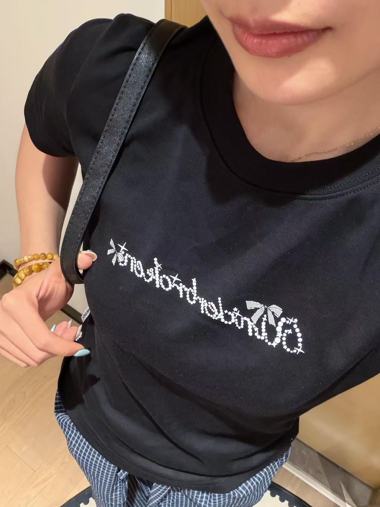 아메리칸 레트로 긍정적 인 어깨 라운드 넥 프린트 반팔 티셔츠