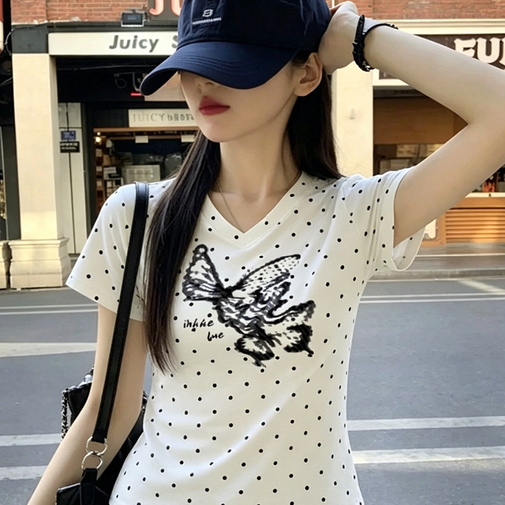 아메리칸 레트로 몸매 가꾸기 슬림해 보이는 긍정적 인 어깨 V넥 반팔 티셔츠