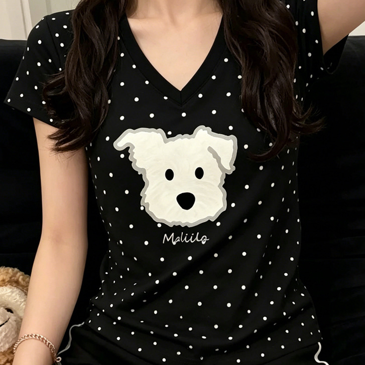 아메리칸 레트로 몸매 가꾸기 슬림해 보이는 긍정적 인 어깨 V넥 반팔 티셔츠