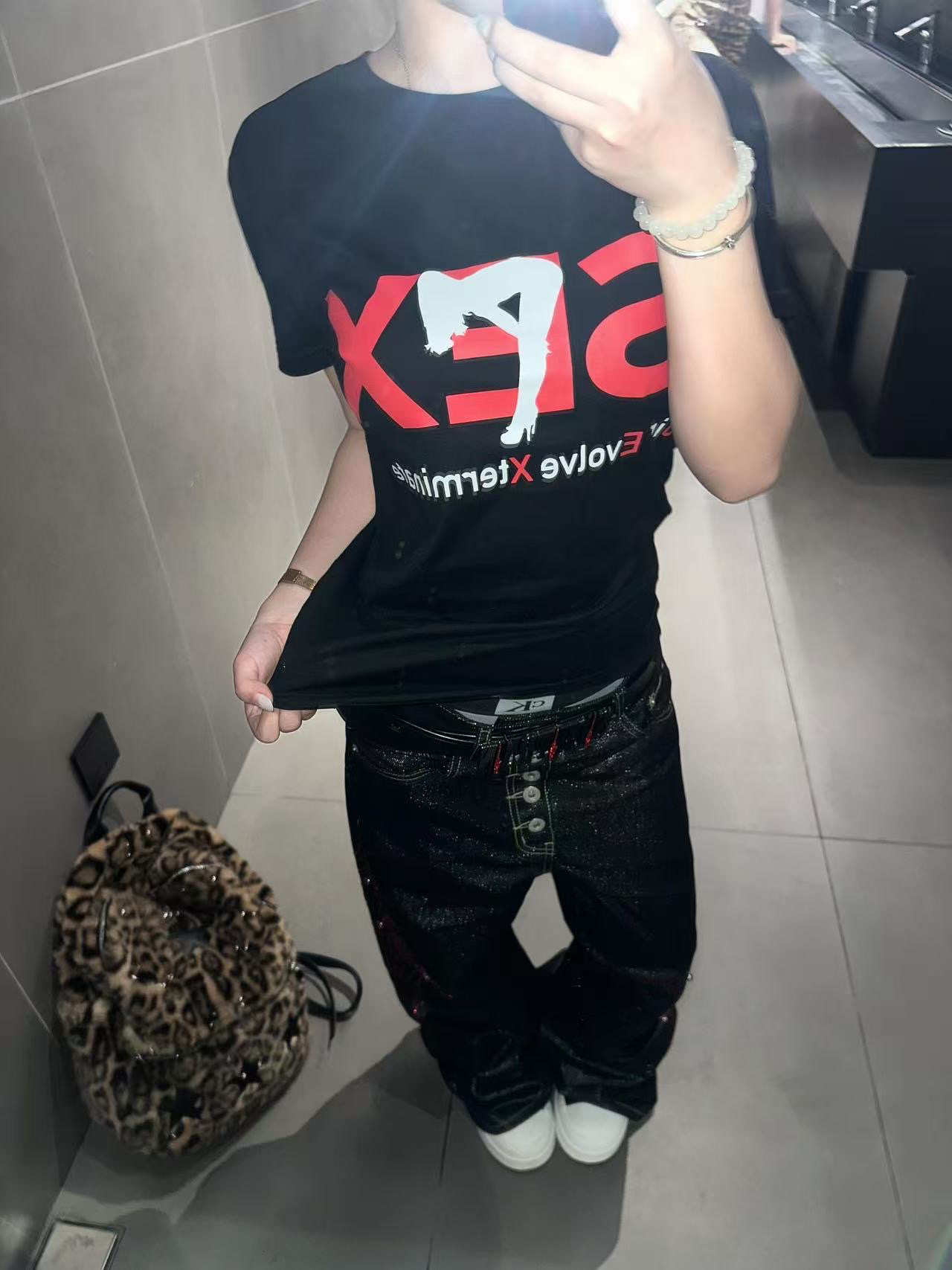 아메리칸 레트로 긍정적 인 어깨 라운드 넥 프린트 반팔 티셔츠
