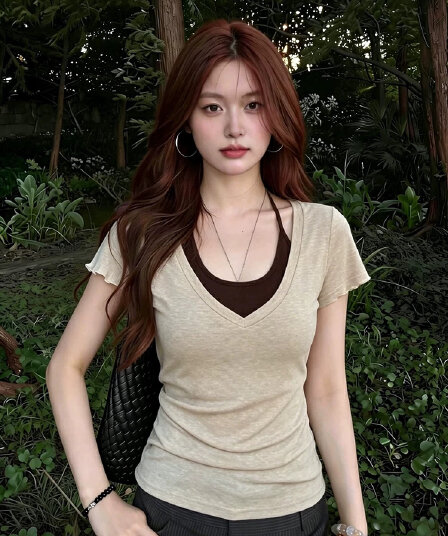 페이크 레이어드 V넥 행침 목 슬립 반팔 티셔츠 여성 여름 허리 수축 슬림해 보이는 작은 대중 몸매 가꾸기 긍정적 인 어깨 의류