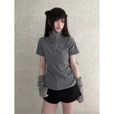 批发美式复古polo领短袖<b class='q'>t</b><b class='q'>恤</b>女款爆款小众高级感纯色正肩上衣