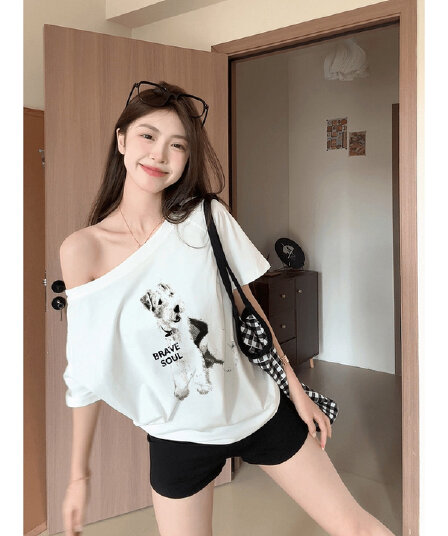 강아지 프린트 반팔 티셔츠 여성 여름 비스듬한 어깨 핫걸 맨위