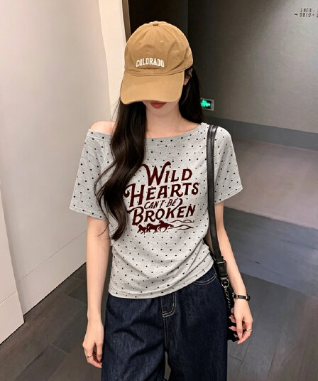 여름 새로운 한 부서 도트 무늬 비스듬한 칼라 오프숄더 프린트 섹션 반팔 티셔츠