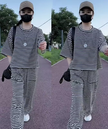 컬러 짜임 기사 구슬 그라운드 190 그램 인터넷 유명인 세트 운동 스트라이프 캐주얼 여름 루즈핏 새로운 패션 투피스 세트
