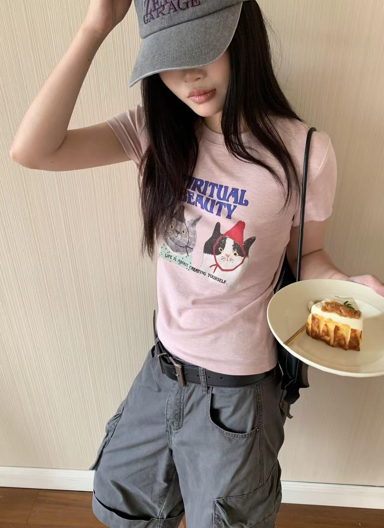 아메리칸 레트로 긍정적 인 어깨 라운드 넥 프린트 반팔 티셔츠