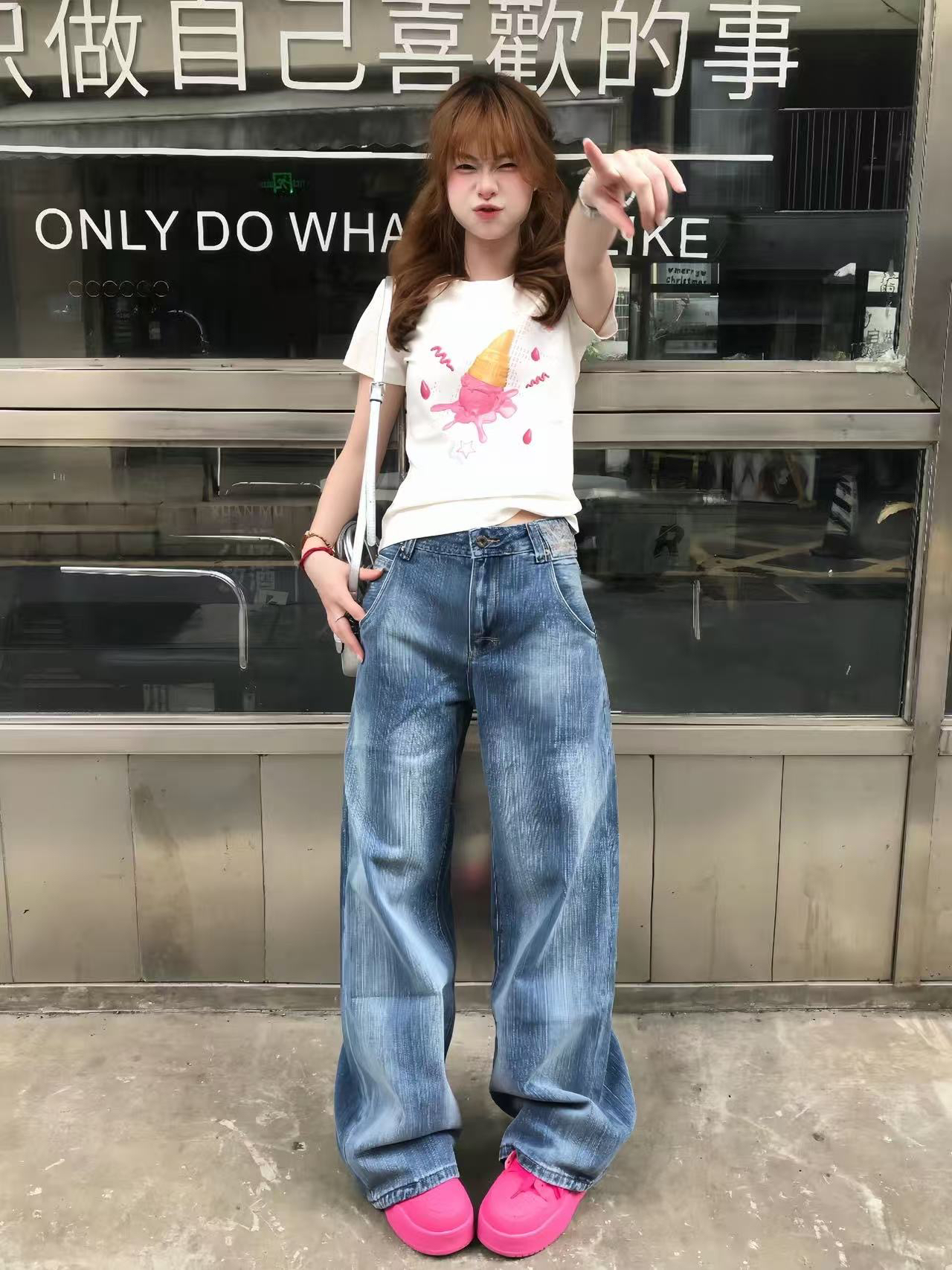 아메리칸 레트로 긍정적 인 어깨 라운드 넥 프린트 반팔 티셔츠