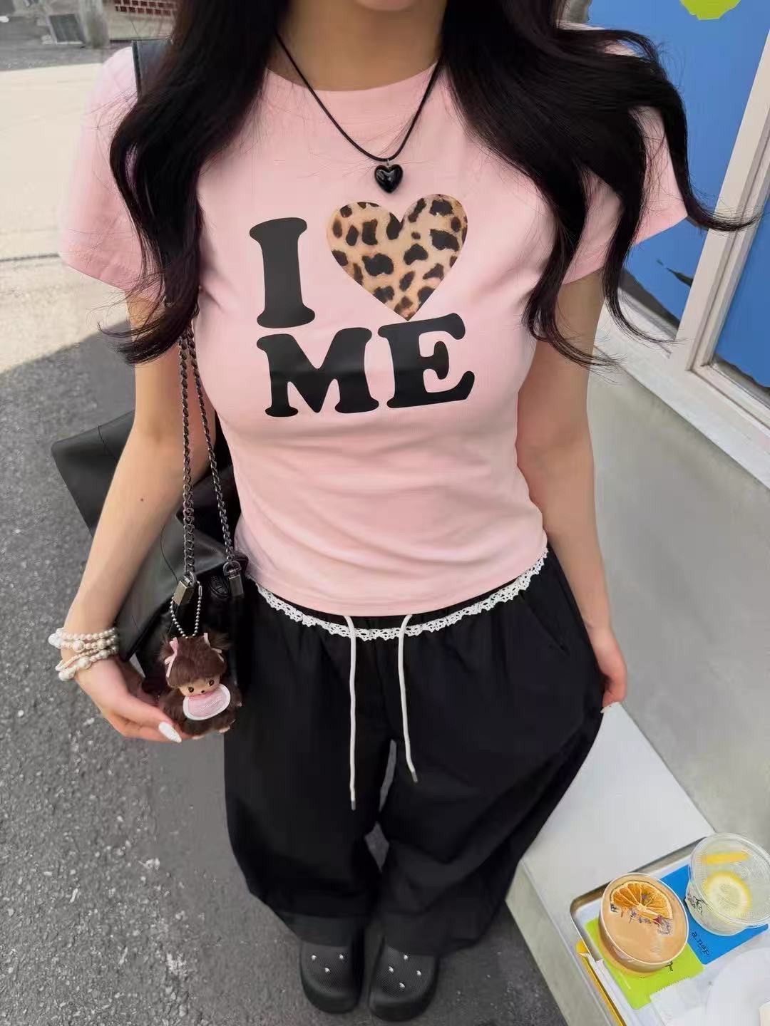 아메리칸 레트로 긍정적 인 어깨 라운드 넥 프린트 반팔 티셔츠