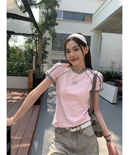 반팔 티셔츠 여성 의류 여름 새로운 트렌디 페이크 레이어드 비즈 자수 몸매 가꾸기 슬림해 보이는 비스듬한 칼라 맨위